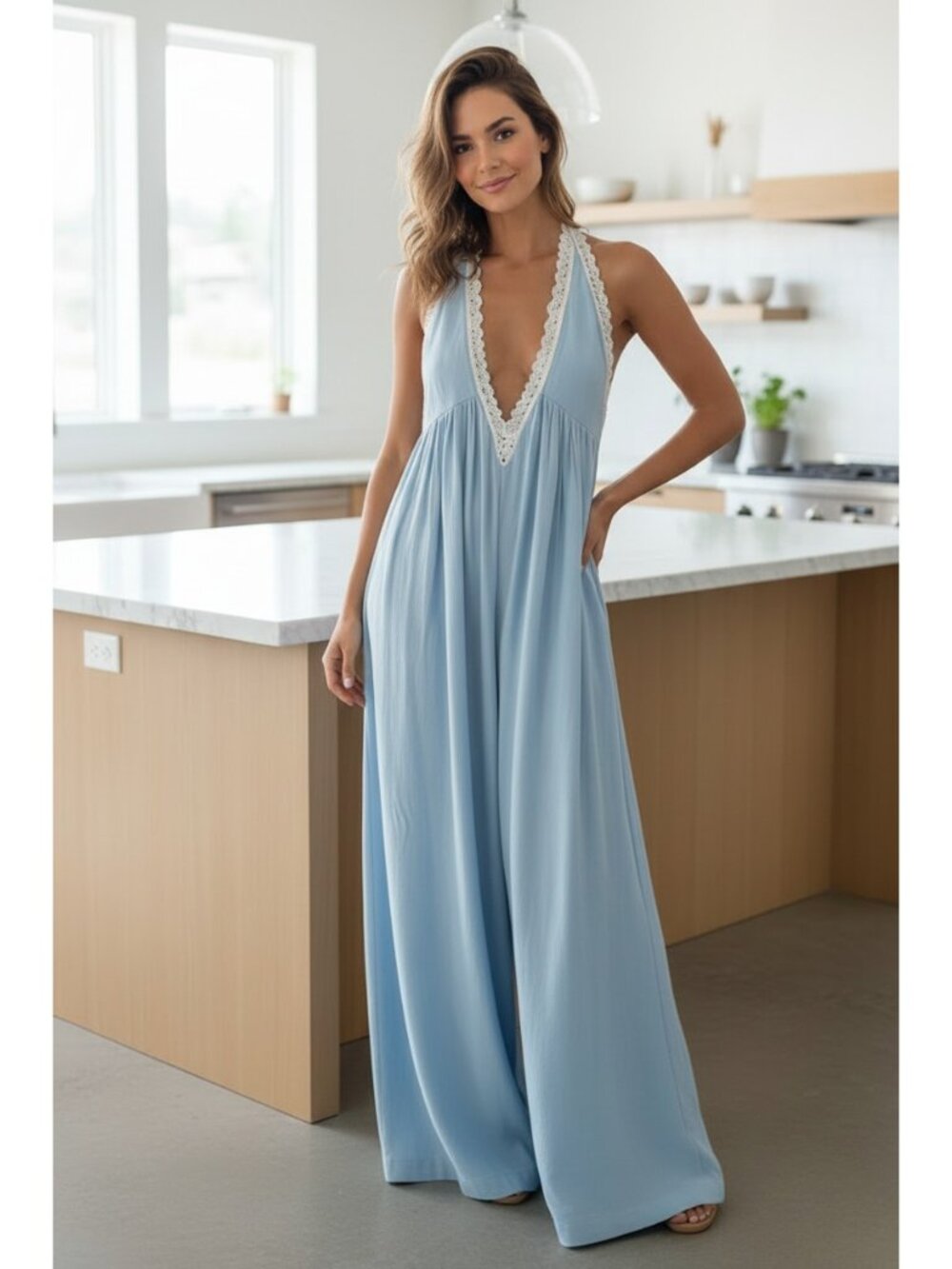 Lace Trim Plunging V-Neck Ultra Wide Leg Boho Jumpsuit Sleeveless One-Piece